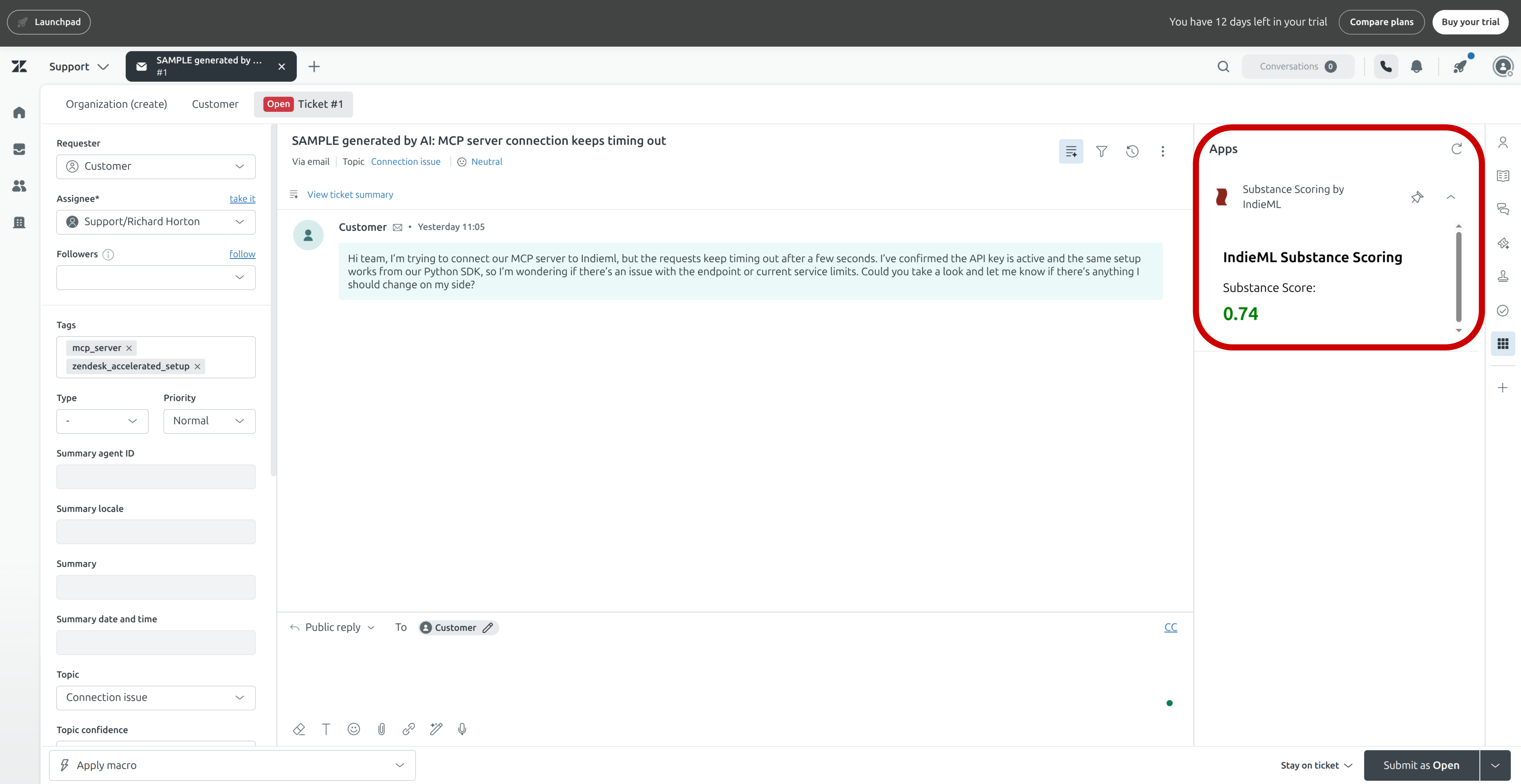 IndieML Zendesk Sidebar Preview